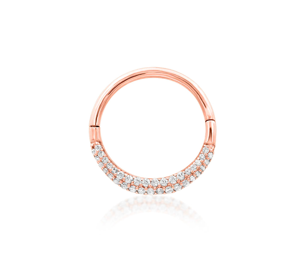 Side profile of the Junipurr Jewellery Opulence hinged segment ring in 14k rose gold designed for comfortable wear.