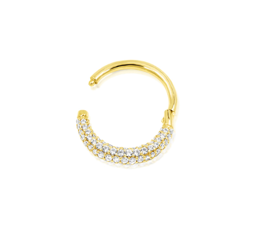 Side profile of the Junipurr Jewellery Opulence hinged segment ring in 14k yellow gold for septum and daith piercings.

