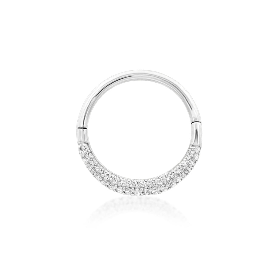 Front-facing view of the Junipurr Jewellery Opulence hinged ring in 14k white gold with brilliant white CZ detailing.