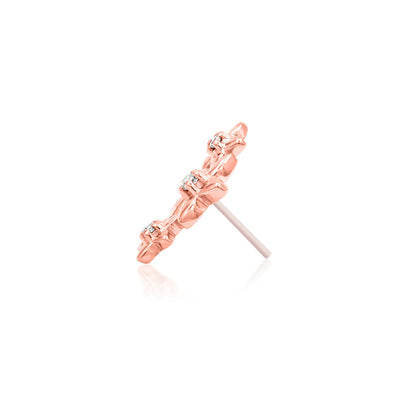 Junipurr Maggie solid 14k rose gold floral decorative end angled view with botanical-inspired styling and sparkle