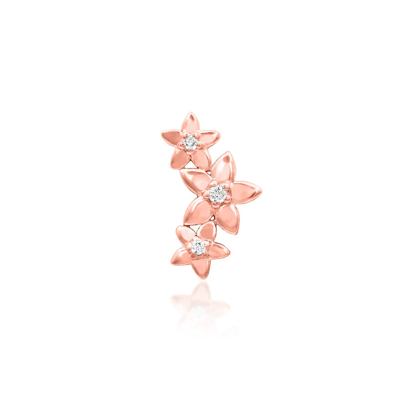 Junipurr Maggie solid 14k rose gold floral garland threadless decorative end with white CZ stones, front view for curated ear jewellery