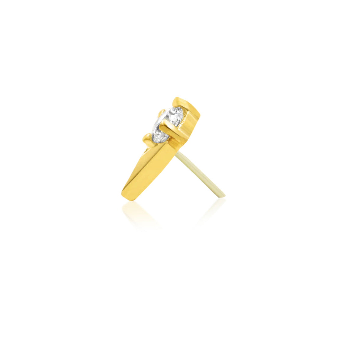 Junipurr Tulip solid 14k yellow gold floral threadless end angled view with sparkling white CZ gemstone