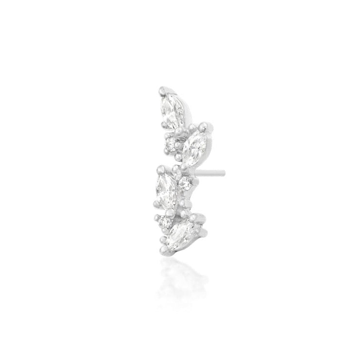 Flat piercing jewellery in solid white gold with an elongated floral vine of clear cubic zirconia.
