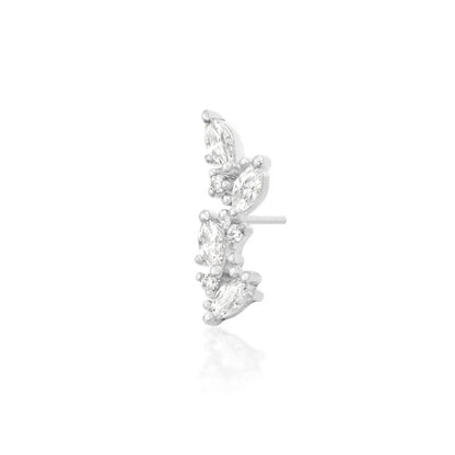 Flat piercing jewellery in solid white gold with an elongated floral vine of clear cubic zirconia.