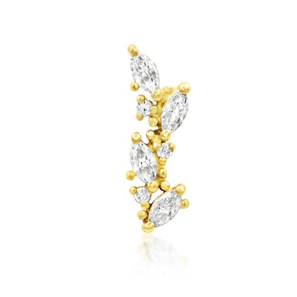 Floral vine cartilage earring in solid 14k yellow gold with marquise and round clear CZ gemstones.