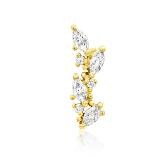 Floral vine cartilage earring in solid 14k yellow gold with marquise and round clear CZ gemstones.