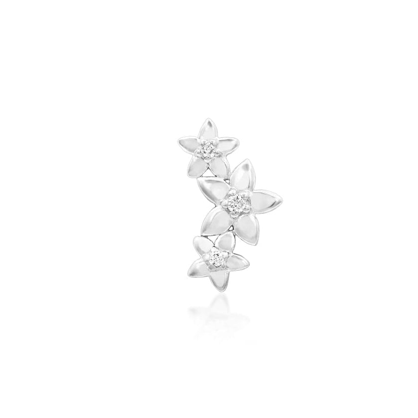 Flower flat-back earring top in 14k white gold with an elongated floral design for threadless jewellery.
