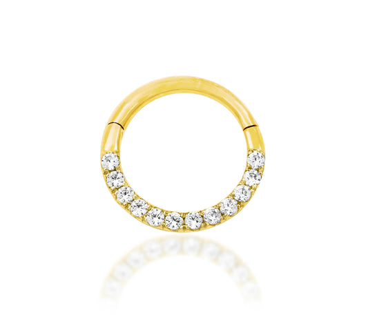 Gold Cubic Zirconia Clicker Ring | Solid 14kt Gold Continuous Sparkle Hoop | Helix Lobe Daith Septum