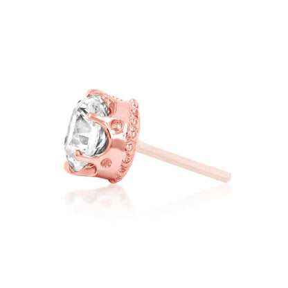 Junipurr Crown-Set CZ solid 14k rose gold side profile showing the raised six-prong crown setting around the White CZ.