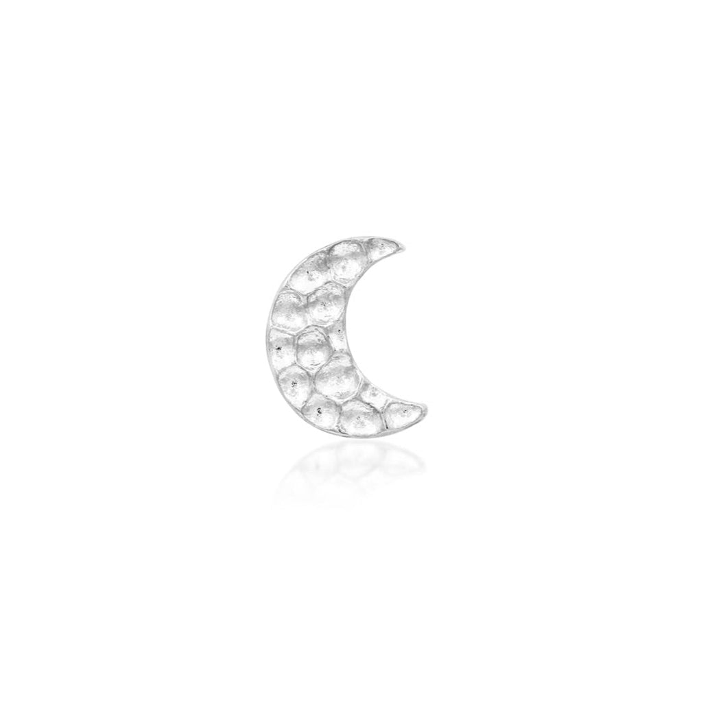 Moon helix earring in 14k white gold, featuring the compact textured finish of Junipurr Hammered Moon.