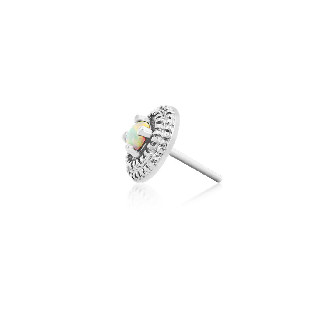 Solid white gold flat piercing stud featuring a round synthetic opal