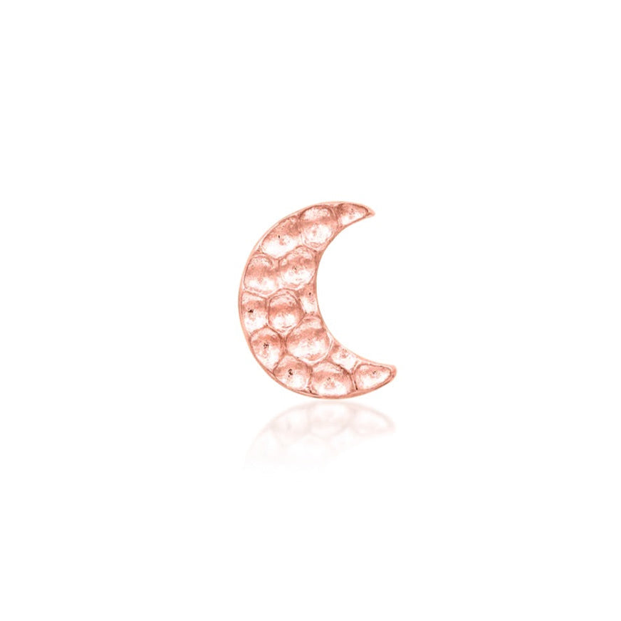 Solid gold moon nose stud in 14k rose gold, featuring the petite Junipurr Hammered Moon threadless design.