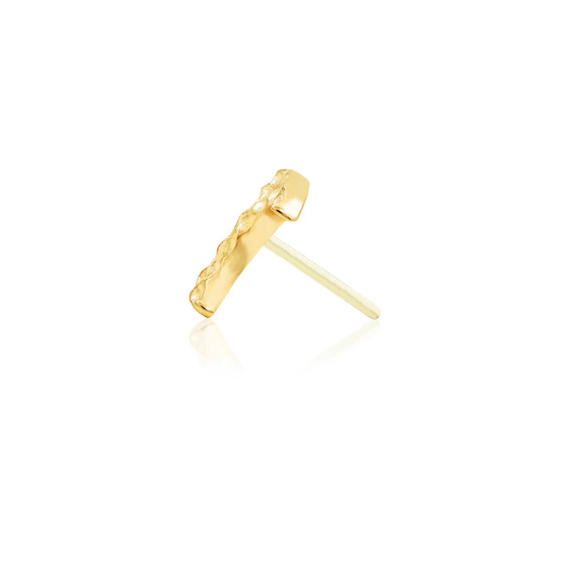 Textured gold piercing jewellery in 14k yellow gold, featuring a gemstone-free hammered crescent moon.