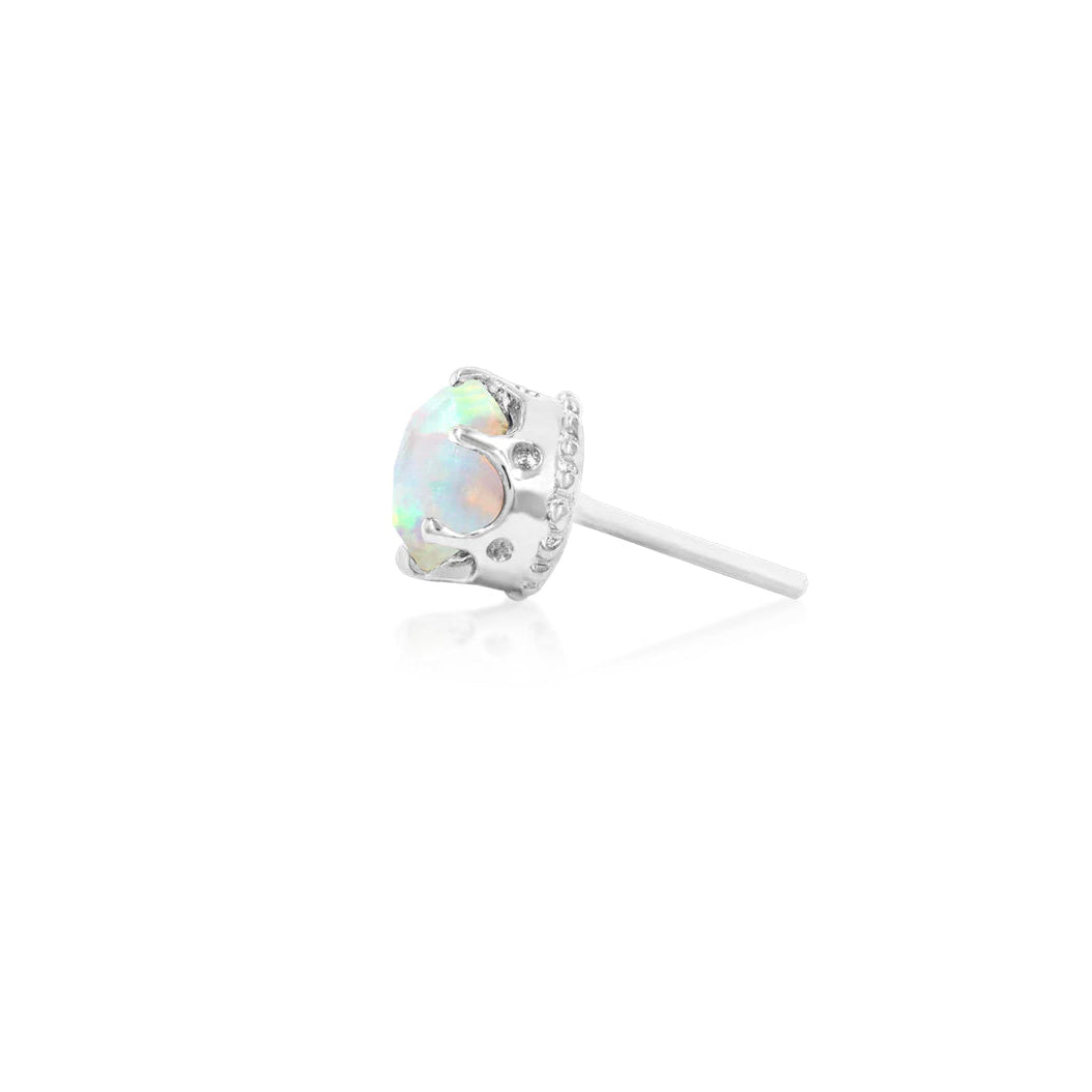 Solid white gold cartilage earring with a round crown-set opal