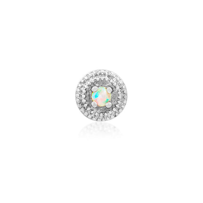 White gold opal helix earring with an intricate double millgrain frame